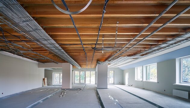 building interior renovation gypsum board ceiling installation construction smooth plastering edges electrical wire ceilings space anticipation quality finish bare surface detail view potential