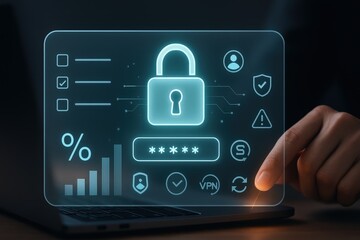 Modern digital interface featuring a lock icon, indicating security, with a person's finger interacting with the screen of a laptop, conveying concepts of online safety and data protection in a...