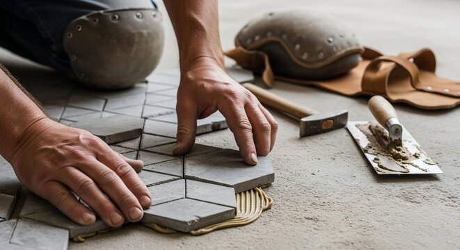 Tiler laying hexagonal tiles on the floor with tools and knee pads.