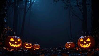 Halloween pumpkin lanterns in dark forest, wide clean space for text overla