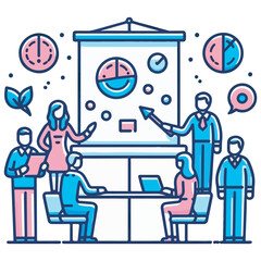 Flat design meeting and teamwork icon set including brainstorming, discussion, presentation, collaboration, and business agreement