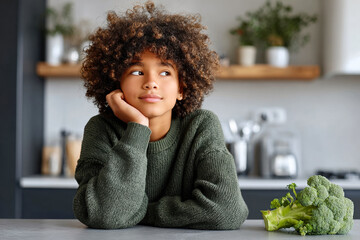 Thoughtful child with curly hair in a green sweater sitting at the kitchen table next to fresh broccoli, illustrating reluctance toward healthy food