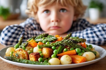 Child with blonde hair in checkered shirt sits at wooden table, staring at colorful plate of vegetables, showing refusal to eat healthy food, expressing disinterest in meal