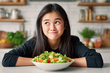Young girl with long black hair sits at kitchen table, playfully refusing to eat healthy salad, surrounded by fresh vegetables and a bright, inviting atmosphere