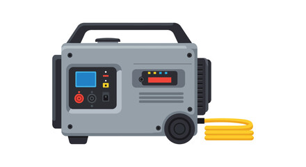 Portable power generator illustration with detailed controls and yellow cord silhouette