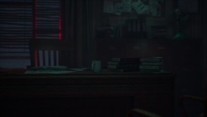 Obraz premium In a softly lit room, a wooden desk is surrounded by shadows. Stacks of books lie scattered as a white mug sits in the center, hinting at long hours spent reflecting on hidden stories.