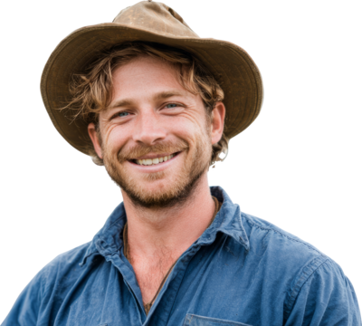 Happy handsome caucasian farmer man in hat smiling outdoors
