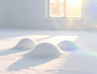 Snowdrifts of fluffy white snow lying in the room opposite the sun-drenched window