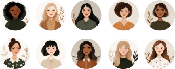 Calm woman portrait avatar illustration set showing diversity and beauty