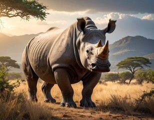 Fototapeta premium Majestic rhino in golden savanna