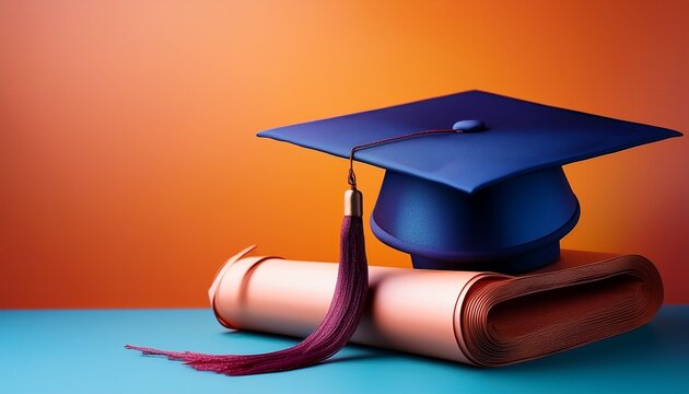 fondo colorido con espacio de copia con un birrete y un pergamino enrollado o diploma concepto de graduacion fin de cursos o termino de clases escolares