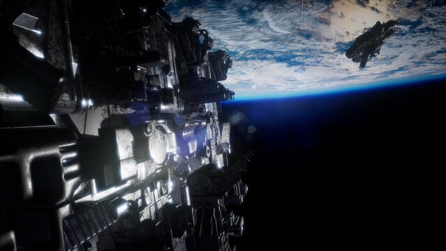 A massive spacecraft hovers near Earth, showcasing sleek metallic structures and glowing lights. The view highlights the planets curvature, emphasizing the vastness of space and human ingenuity.