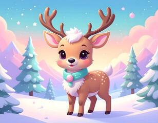 Fototapeta premium Cute Cartoon Deer in Snowy Winter Landscape with Teal Scarf and Colorful Sunset