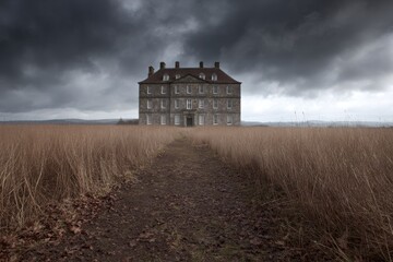Fototapeta premium Lonely House in Dramatic Landscape: An isolated stately house stands proudly amidst a vast expanse of long grass under a brooding, stormy sky, conveying a sense of solitude and timelessness.