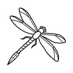 Simple black and white line drawing of a dragonfly in flight
