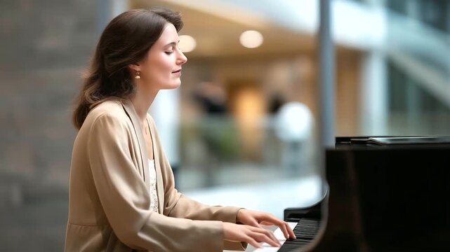 female pianist performing at art museum surrounded by modern installations echoing sound cultural fusion three quarter wide angle cinematic color correction gentle backlight