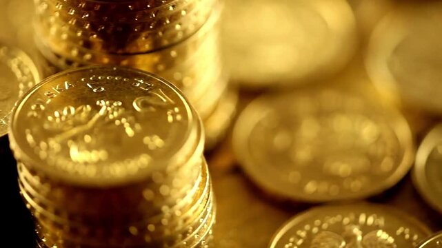 gold coin stack isolated Focus on word Fine Gold using US Treasury issue Gold Eagle one ounce pure gold coin abstract background 4K HD