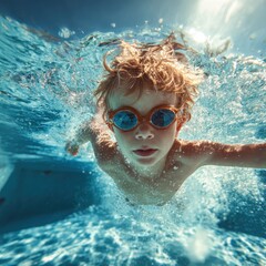 Fototapeta premium Joyful Young Swimmer: Adorable Boy Enjoying Underwater Fun During Summer Holiday