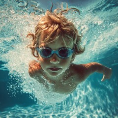 Naklejka premium Joyful Young Swimmer: Adorable Boy Playing Underwater in Summer Pool Adventure