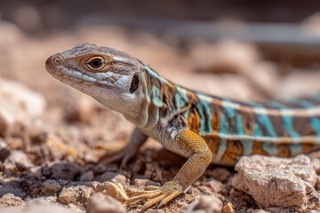 Fototapeta premium Striped Lizard in Arid Desert Landscape: A Glimpse into Wild Nature and Reptilian Wildlife