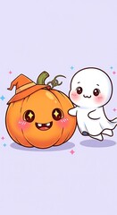 Obraz premium Cute kawaii halloween pumpkin and ghost friends together