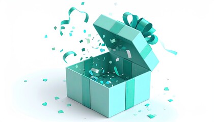 An open teal gift box with a light teal ribbon and bow, confetti and ribbons flying from it, set against a white background
