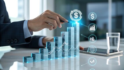 Businessman analyzing financial growth chart with digital currency icons and data visualizations