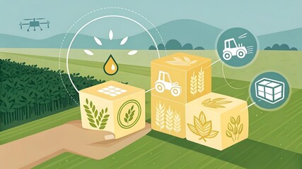 Hand holding agricultural product boxes with drone and tractor in a field representing smart farming technology