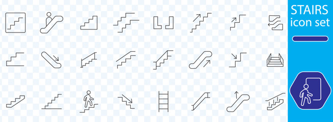 line icons related to stairs, staircase, upstairs, step, climb, downstairs, escalator, stairway, ladder, stairwell, Editable stroke. Vector