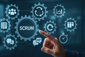 Digital user interface showcasing interconnected gears, representing concepts such as teamwork, iteration, and planning, with a finger interacting with the central "SCRUM" element, highlighting the...