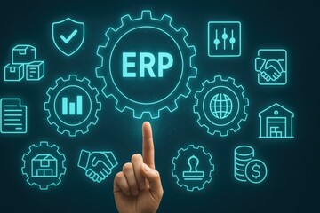 Fototapeta premium Human finger pointing towards the glowing ERP concept, surrounded by several icons representing various business-related elements; these glowing icons contrast against the dark blue background.