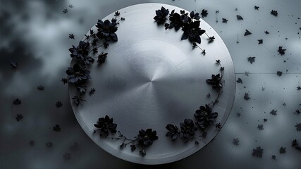 A silver brushed metal circle framed by black, abstract flowers and swirling gray smoke or fog. Elegant, mysterious, and moody horizontal background banner