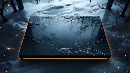 A dramatic black marble square product podium with gold veining and trim, set on snowy ground in a dark, atmospheric forest. Luxury winter display
