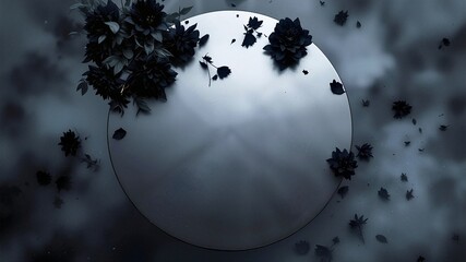 A dramatic, dark background featuring a reflective silver circle bordered by black, abstract flowers and smoke or fog. Mysterious and elegant banner