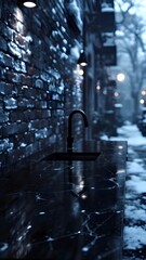 A dramatic outdoor kitchen counter with a sleek black marble sink, illuminated by lights on a snowy brick wall. Cold, mysterious winter urban scene
