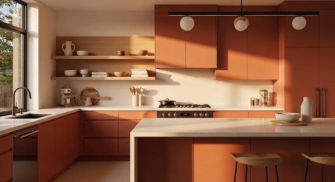 Contemporary kitchen with terracotta cabinets, quartz island, open shelving with subtle d&eacute;cor, spotless surfaces, golden hour sunlight, interior photography for stylish home design