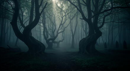Dark Forest with Twisted Trees and Eerie Light Mysterious and Gloomy Atmosphere.
