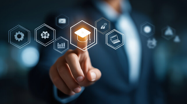 Businessman hand touch virtual touchscreen interface interact collection floating icon symbol education technology digital innovation.