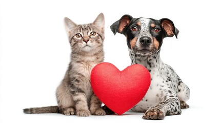 Adorable Cat and Dog Embracing a Red Heart, Celebrating Friendship on a Clean White Background