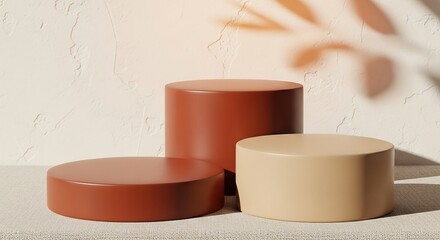 Matte terracotta and sand podiums on textured linen, plaster wall with sunlit leaf shadows, artisan lifestyle product photography