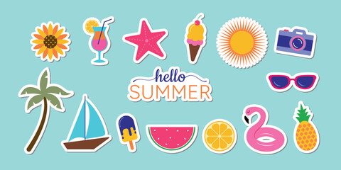 Obraz premium Set of summer stickers. Icons for tropical vacation. Vector illustration.
