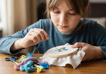 A girl embroidering a pattern on fabric in a hoop while sitting at a table in a room