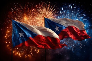 Two Texas flags wave against a backdrop of colorful fireworks in a dark sky