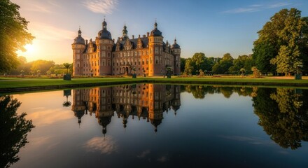 Obraz premium Grand castle reflected in a tranquil pond at sunrise