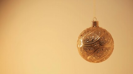 Elegant golden Christmas ornament with intricate decorative patterns hanging on a string against a warm gradient background.
