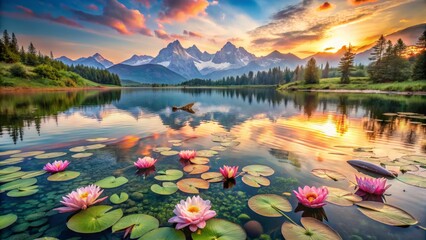Serene mountain lake at sunset with pink water lilies
