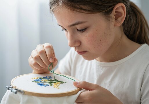 A girl embroiders a pattern on fabric in a hoop on a light background