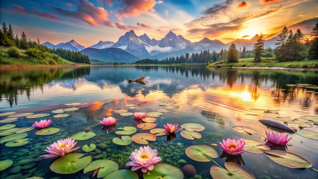 Serene mountain lake at sunset with pink water lilies