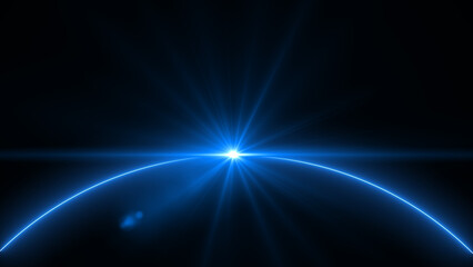 A bright blue light rises over a curved planet horizon, creating glowing starburst rays in a cosmic deep space background, perfect for futuristic or sci-fi themes