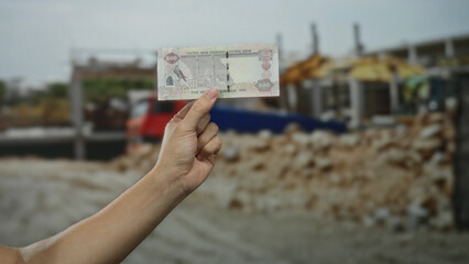 Hand holding united arab emirates dirham at construction site with man outdoors displaying currency.